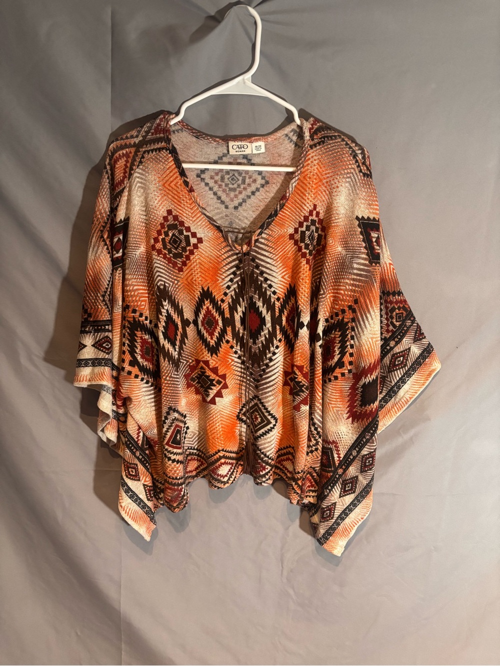 Cato Woman Size 18/20 Geometric Poncho Knit Top Orange Boho Tassel Tie Plus Size